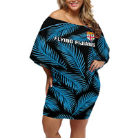 Fiji Rugby Off Shoulder Short Dress Flying Fijians Blue Palm Tree Version LT01 Women Black - Polynesian Pride