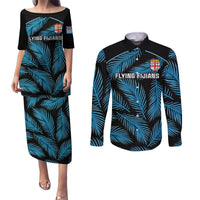 Custom Fiji Rugby Couples Matching Puletasi Dress and Long Sleeve Button Shirts Flying Fijians Blue Palm Tree Version LT01 Black - Polynesian Pride