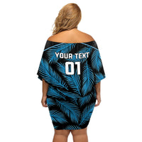 Custom Fiji Rugby Off Shoulder Short Dress Flying Fijians Blue Palm Tree Version LT01 - Polynesian Pride
