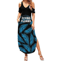Custom Fiji Rugby Summer Maxi Dress Flying Fijians Blue Palm Tree Version LT01 Women Black - Polynesian Pride