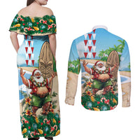 Hawaii Christmas Santa Claus Couples Matching Off Shoulder Maxi Dress and Long Sleeve Button Shirt Mele Kalikimaka Tropical Beach