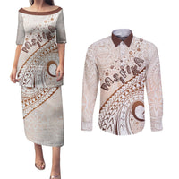 Pasifika Festival Couples Matching Puletasi and Long Sleeve Button Shirt Vintage Tribal Pattern LT01 Brown - Polynesian Pride