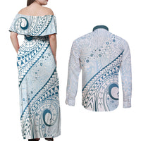 Pasifika Festival Couples Matching Off Shoulder Maxi Dress and Long Sleeve Button Shirt Tribal Pattern Blue Version LT01 - Polynesian Pride