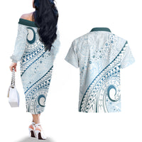 Pasifika Festival Couples Matching Off The Shoulder Long Sleeve Dress and Hawaiian Shirt Tribal Pattern Blue Version LT01 - Polynesian Pride