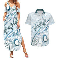 Pasifika Festival Couples Matching Summer Maxi Dress and Hawaiian Shirt Tribal Pattern Blue Version LT01 Blue - Polynesian Pride