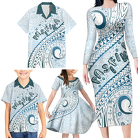Pasifika Festival Family Matching Long Sleeve Bodycon Dress and Hawaiian Shirt Tribal Pattern Blue Version LT01 - Polynesian Pride