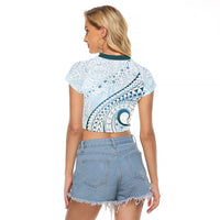 Pasifika Festival Raglan Cropped T Shirt Tribal Pattern Blue Version LT01 - Polynesian Pride