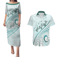 Pasifika Festival Couples Matching Puletasi and Hawaiian Shirt Tribal Pattern Teal Version LT01 Teal - Polynesian Pride