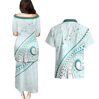 Pasifika Festival Couples Matching Puletasi and Hawaiian Shirt Tribal Pattern Teal Version LT01 - Polynesian Pride