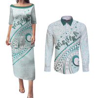 Pasifika Festival Couples Matching Puletasi and Long Sleeve Button Shirt Tribal Pattern Teal Version LT01 Teal - Polynesian Pride