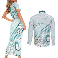 Pasifika Festival Couples Matching Short Sleeve Bodycon Dress and Long Sleeve Button Shirt Tribal Pattern Teal Version LT01 - Polynesian Pride