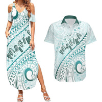 Pasifika Festival Couples Matching Summer Maxi Dress and Hawaiian Shirt Tribal Pattern Teal Version LT01 Teal - Polynesian Pride