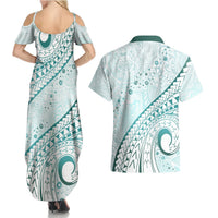 Pasifika Festival Couples Matching Summer Maxi Dress and Hawaiian Shirt Tribal Pattern Teal Version LT01 - Polynesian Pride