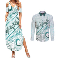 Pasifika Festival Couples Matching Summer Maxi Dress and Long Sleeve Button Shirt Tribal Pattern Teal Version LT01 Teal - Polynesian Pride