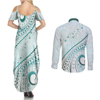 Pasifika Festival Couples Matching Summer Maxi Dress and Long Sleeve Button Shirt Tribal Pattern Teal Version LT01 - Polynesian Pride