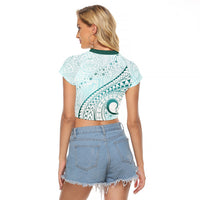 Pasifika Festival Raglan Cropped T Shirt Tribal Pattern Teal Version LT01 - Polynesian Pride