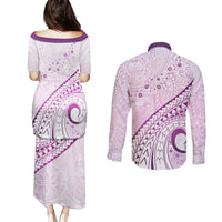 Pasifika Festival Couples Matching Puletasi and Long Sleeve Button Shirt Tribal Pattern Lilac Version LT01 - Polynesian Pride