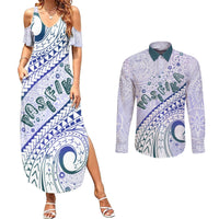 Pasifika Festival Couples Matching Summer Maxi Dress and Long Sleeve Button Shirt Tribal Pattern Violet Version LT01 Purple - Polynesian Pride