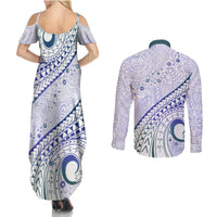 Pasifika Festival Couples Matching Summer Maxi Dress and Long Sleeve Button Shirt Tribal Pattern Violet Version LT01 - Polynesian Pride