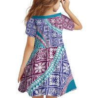 Hawaiian Quilt Pattern Family Matching Long Sleeve Bodycon Dress and Hawaiian Shirt Purple Blue Color Mixed - Polynesian Pride