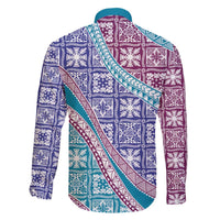 Hawaiian Quilt Pattern Family Matching Long Sleeve Bodycon Dress and Hawaiian Shirt Purple Blue Color Mixed - Polynesian Pride