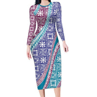 Hawaiian Quilt Pattern Family Matching Long Sleeve Bodycon Dress and Hawaiian Shirt Purple Blue Color Mixed - Polynesian Pride