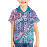 Hawaiian Quilt Pattern Family Matching Long Sleeve Bodycon Dress and Hawaiian Shirt Purple Blue Color Mixed - Polynesian Pride
