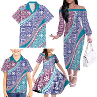 Hawaiian Quilt Pattern Family Matching Off The Shoulder Long Sleeve Dress and Hawaiian Shirt Purple Blue Color Mixed - Polynesian Pride