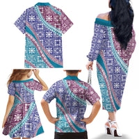 Hawaiian Quilt Pattern Family Matching Off The Shoulder Long Sleeve Dress and Hawaiian Shirt Purple Blue Color Mixed - Polynesian Pride