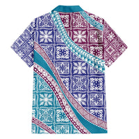Hawaiian Quilt Pattern Family Matching Puletasi and Hawaiian Shirt Purple Blue Color Mixed - Polynesian Pride