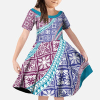 Hawaiian Quilt Pattern Family Matching Short Sleeve Bodycon Dress and Hawaiian Shirt Purple Blue Color Mixed - Polynesian Pride