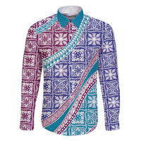 Hawaiian Quilt Pattern Family Matching Short Sleeve Bodycon Dress and Hawaiian Shirt Purple Blue Color Mixed - Polynesian Pride