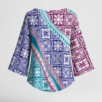 Hawaiian Quilt Pattern Kimono Sleeve Blouse Purple Blue Color Mixed - Polynesian Pride