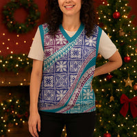 Hawaiian Quilt Pattern Christmas Knitted V-Neck Vest Purple Blue Color Mixed - Polynesian Pride