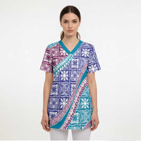 Hawaiian Quilt Pattern Scrub Top Purple Blue Color Mixed - Polynesian Pride
