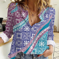 Hawaiian Quilt Pattern Women Casual Shirt Purple Blue Color Mixed - Polynesian Pride