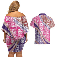 Hawaiian Quilt Pattern Couples Matching Off Shoulder Short Dress and Hawaiian Shirt Sweet Color Mixed - Polynesian Pride