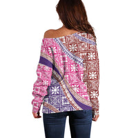 Hawaiian Quilt Pattern Off Shoulder Sweater Sweet Color Mixed - Polynesian Pride