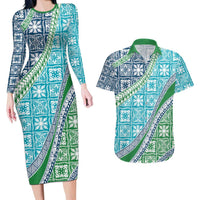 Hawaiian Quilt Pattern Couples Matching Long Sleeve Bodycon Dress and Hawaiian Shirt Fresh Color Mixed - Polynesian Pride