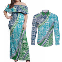 Hawaiian Quilt Pattern Couples Matching Off Shoulder Maxi Dress and Long Sleeve Button Shirt Fresh Color Mixed - Polynesian Pride