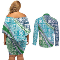 Hawaiian Quilt Pattern Couples Matching Off Shoulder Short Dress and Long Sleeve Button Shirt Fresh Color Mixed - Polynesian Pride