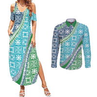 Hawaiian Quilt Pattern Couples Matching Summer Maxi Dress and Long Sleeve Button Shirt Fresh Color Mixed - Polynesian Pride