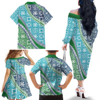 Hawaiian Quilt Pattern Family Matching Off The Shoulder Long Sleeve Dress and Hawaiian Shirt Fresh Color Mixed - Polynesian Pride