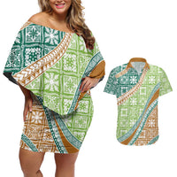 Hawaiian Quilt Pattern Couples Matching Off Shoulder Short Dress and Hawaiian Shirt Green Chestnut Color Mixed - Polynesian Pride