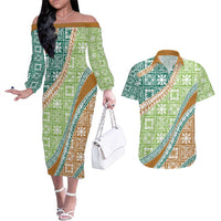 Hawaiian Quilt Pattern Couples Matching Off The Shoulder Long Sleeve Dress and Hawaiian Shirt Green Chestnut Color Mixed - Polynesian Pride