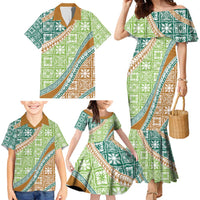 Hawaiian Quilt Pattern Family Matching Mermaid Dress and Hawaiian Shirt Green Chestnut Color Mixed - Polynesian Pride