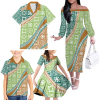 Hawaiian Quilt Pattern Family Matching Off The Shoulder Long Sleeve Dress and Hawaiian Shirt Green Chestnut Color Mixed - Polynesian Pride