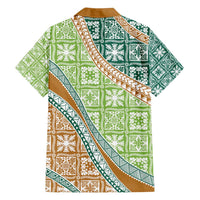 Hawaiian Quilt Pattern Family Matching Off Shoulder Short Dress and Hawaiian Shirt Green Chestnut Color Mixed - Polynesian Pride