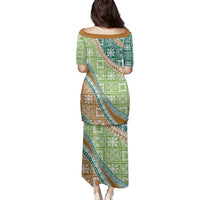 Hawaiian Quilt Pattern Family Matching Puletasi and Hawaiian Shirt Green Chestnut Color Mixed - Polynesian Pride