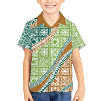 Hawaiian Quilt Pattern Family Matching Short Sleeve Bodycon Dress and Hawaiian Shirt Green Chestnut Color Mixed - Polynesian Pride